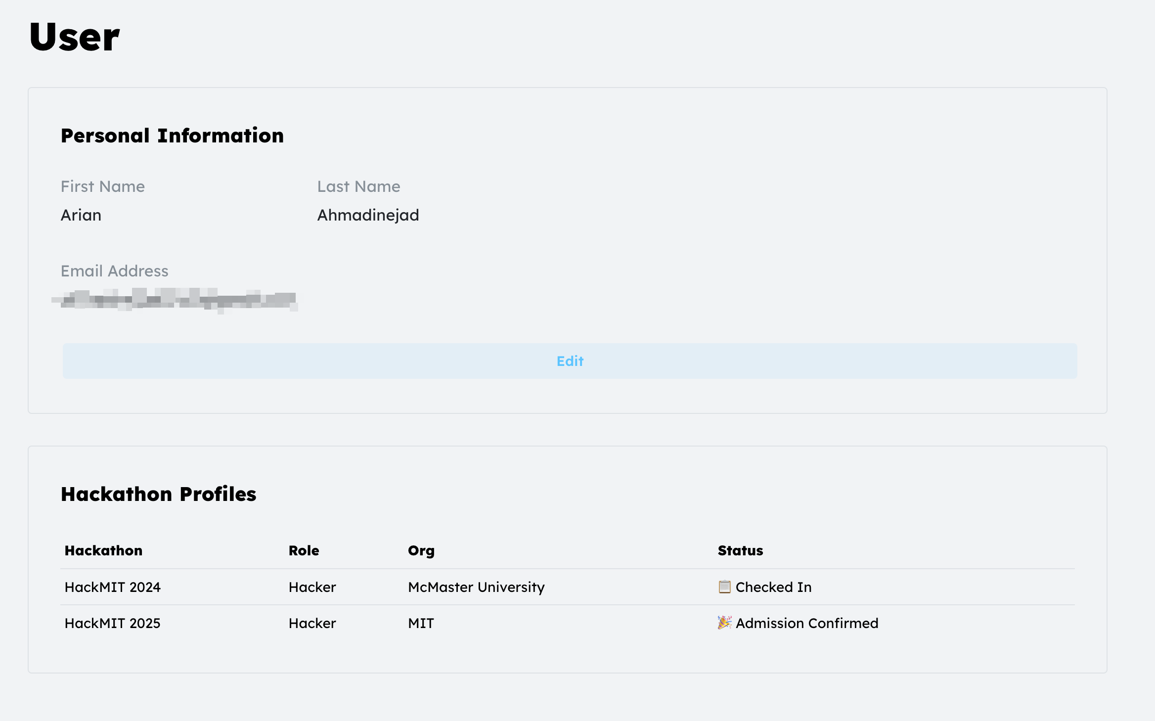 User page confirming modified admission status