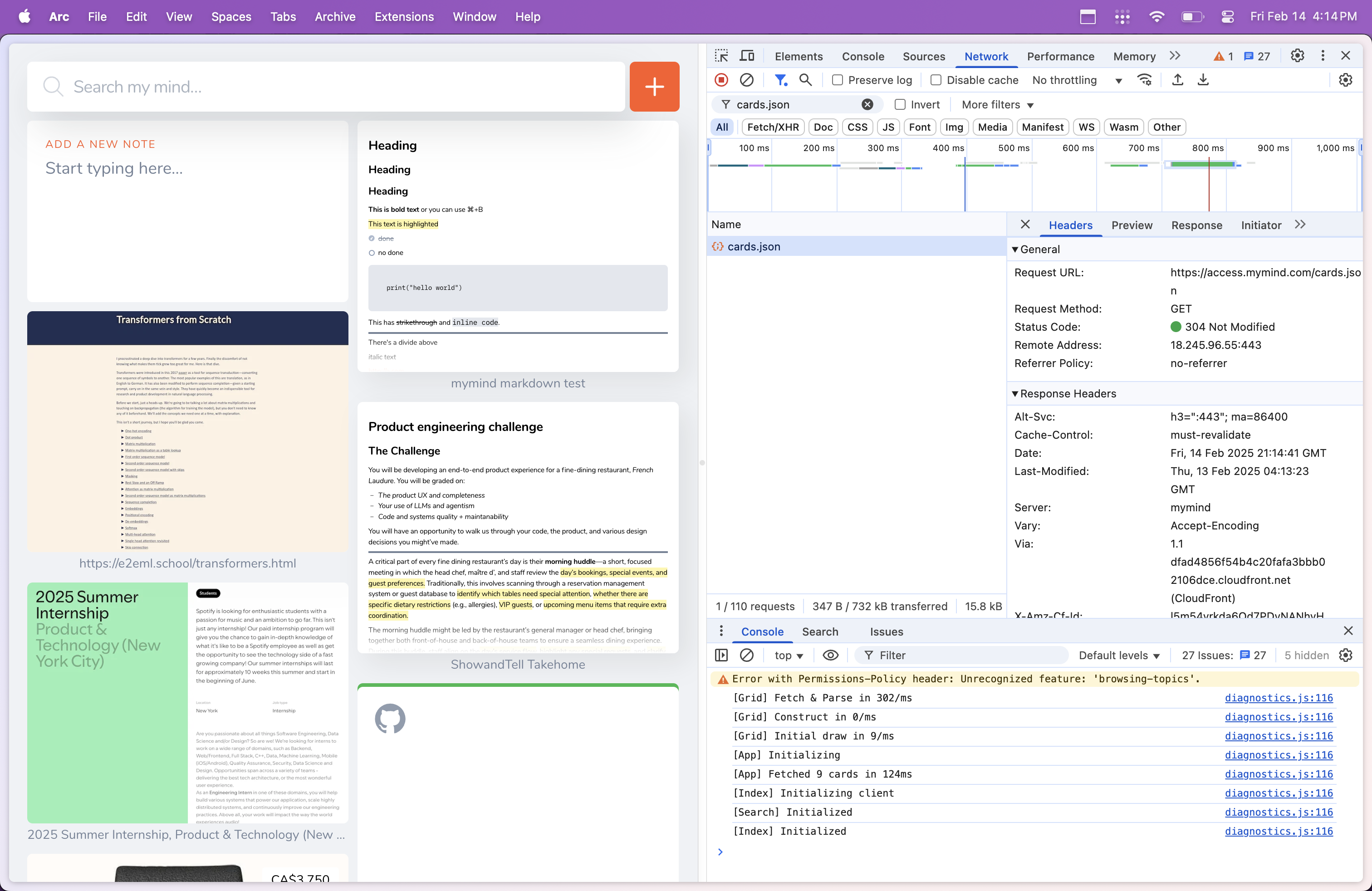 Network tab filtered for cards.json request
