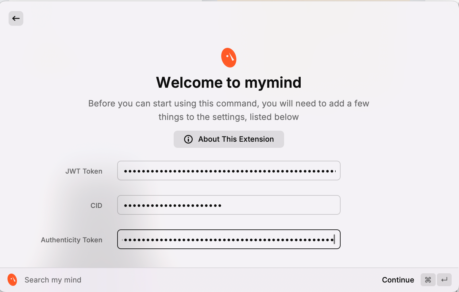 Raycast extension setup menu with token fields