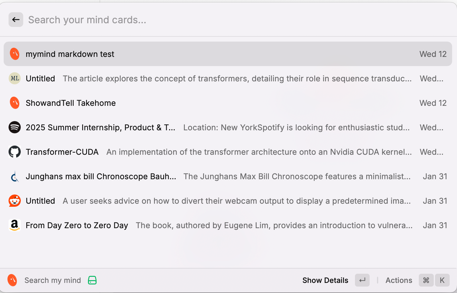 Extension page with mymind notes loaded